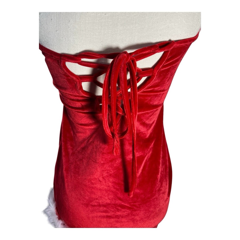 NWT ZAFUL Women's Sexy Off Shoulder Velvet Back Lace‎ Up Fur Christmas Dress - Picture 3 of 7